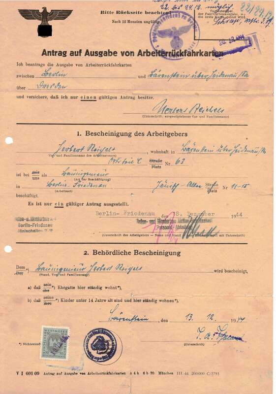 Antrag auf Ausgabe von Arbeiterrückfahrkarten 1944 Wertmarken Dokumente Bärenstein Fahrkarten
