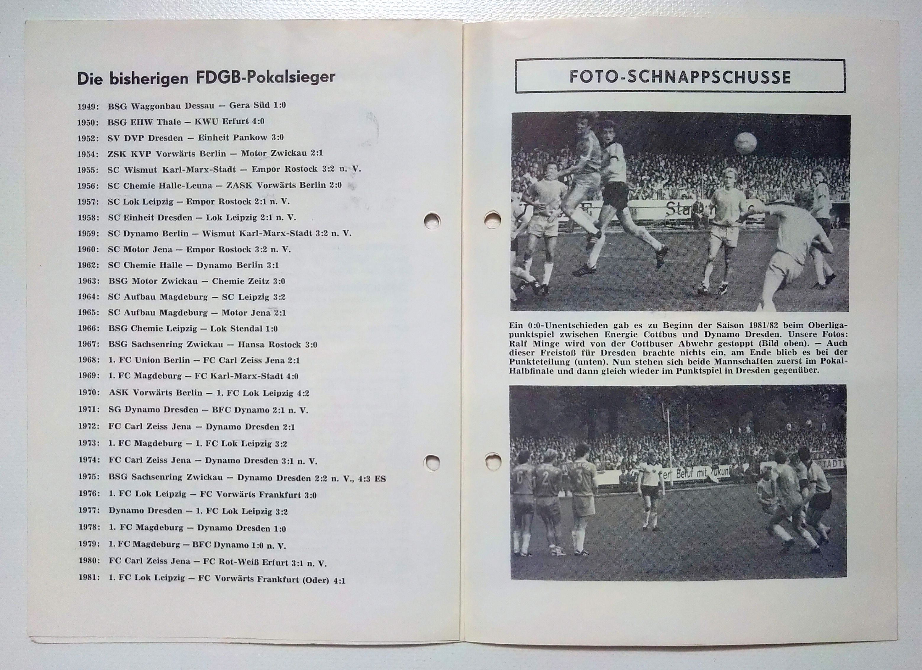 Fußball Programmheft 1982 Energie Cottbus gegen Dynamo Dresden