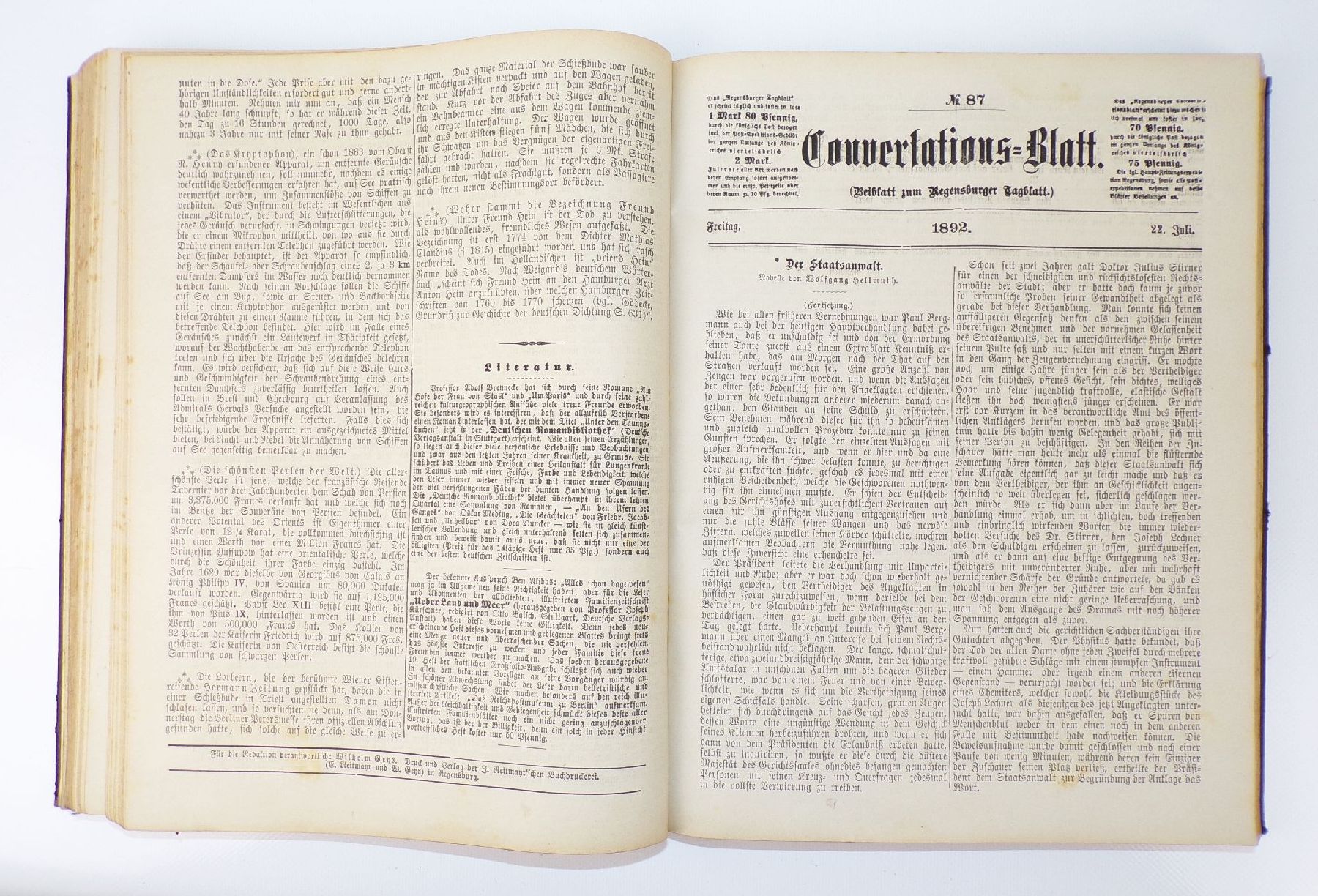 Regensburger Conversationsblatt 1892 kompletter Jahrgang Zeitung Regensburg
