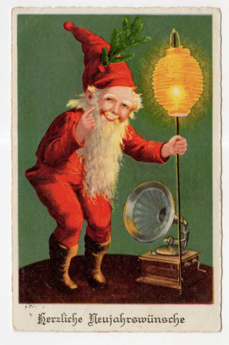 Ak Zwerg mit Lampion und Grammophon Herzliche Neujahrswünsche 1938