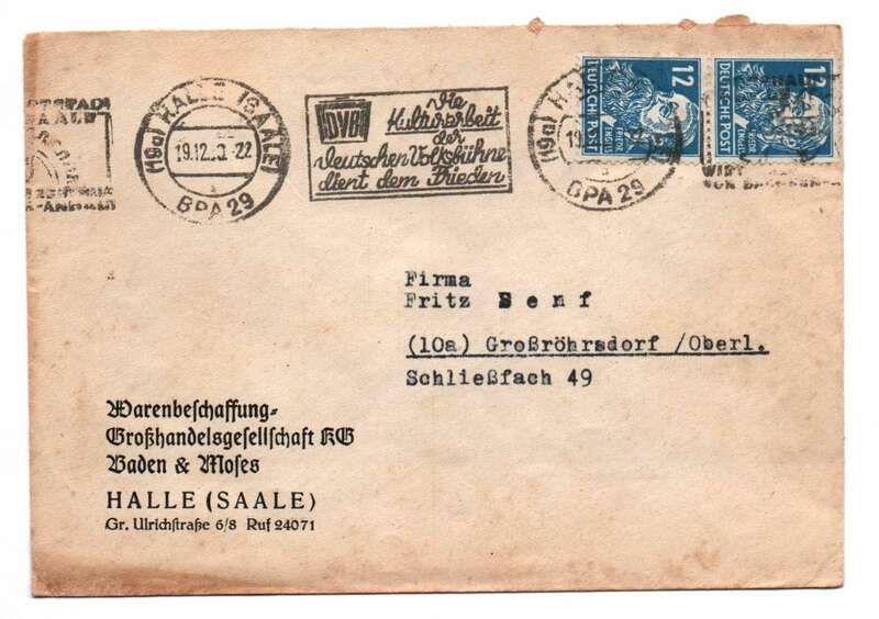 Firmen Brief 1950 Warenbeschaffung Großhandel Boden Moses Halle Saale Stempel