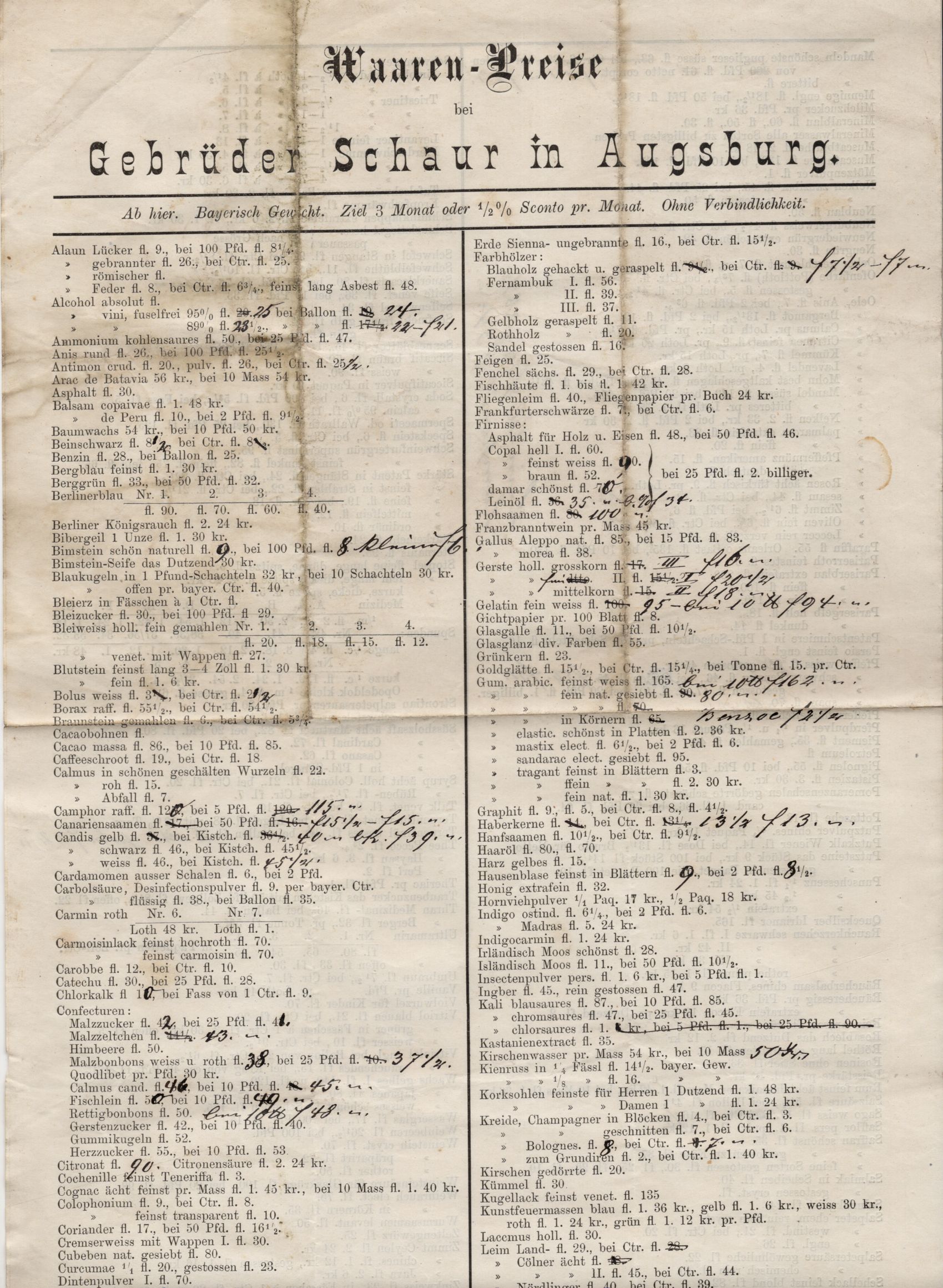 Waren Preise Gebrüder Schaur Augsburg um 1870 Preisliste Waren Preise Gebrüder Schaur Augsburg um 1870 Preisliste