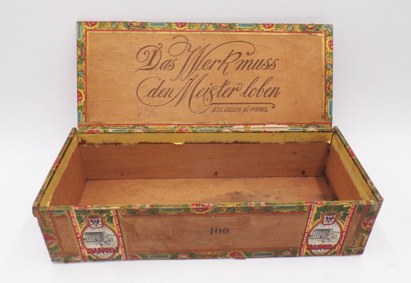 Alte Zigarrenkiste Das Werk muss den Meister loben Aundi um 1900 Alte Zigarrenkiste Das Werk muss den Meister loben Aundi um 1900