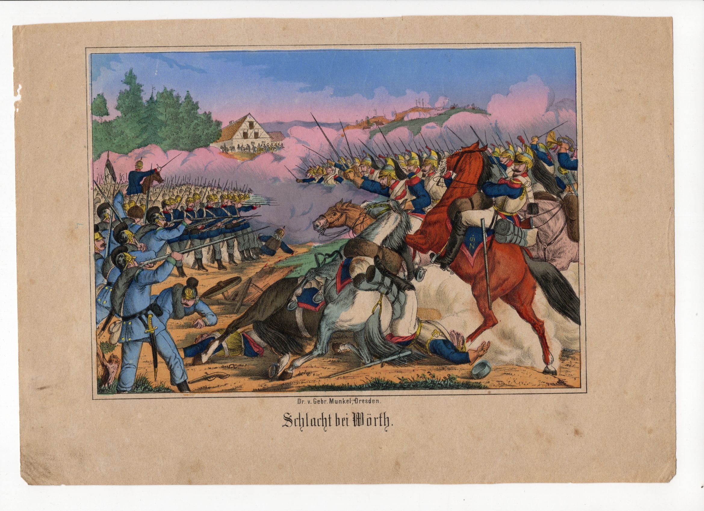 Alte kolorierte Lithografie um 1870 Schlacht bei Wörth