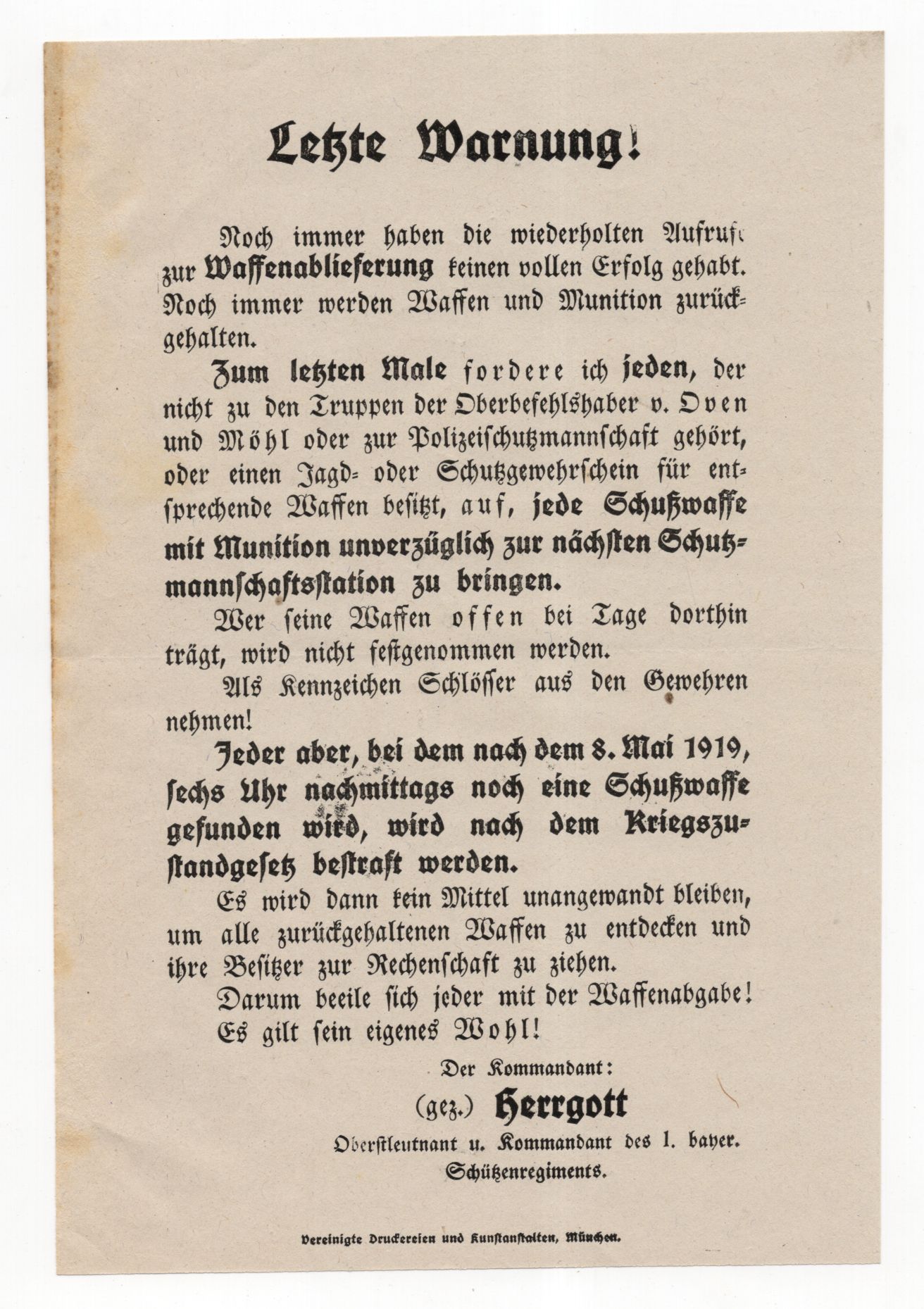 Flugblatt 1919 Oven Möhl Schußwaffen Abgabe 1 bayerisches Schützenregiment