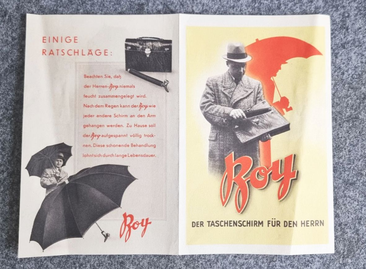 Roy der Taschenschirm für den Herrn alter Prospekt Werbung für Regenschirme Roy der Taschenschirm für den Herrn alter Prospekt Werbung für Regenschirme