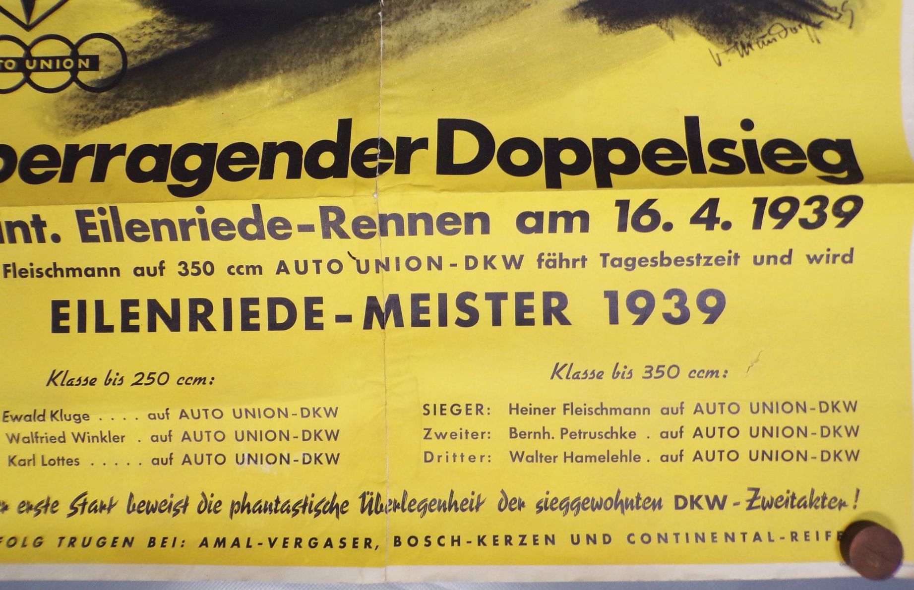 Motorsport Plakat 1939 Doppelsieg Eilenriede DKW Union Poster 