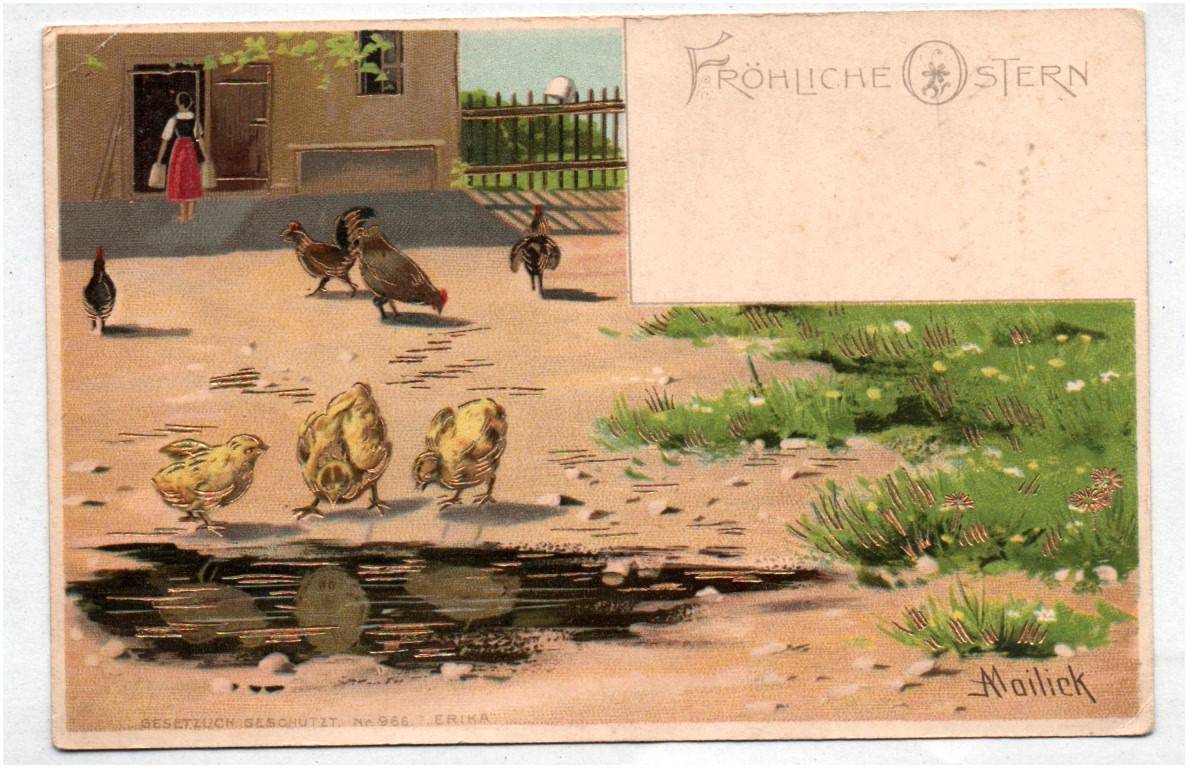 Mailick Postkarte Hühner Küken gold geprägt Fröhliche Ostern 1910er 