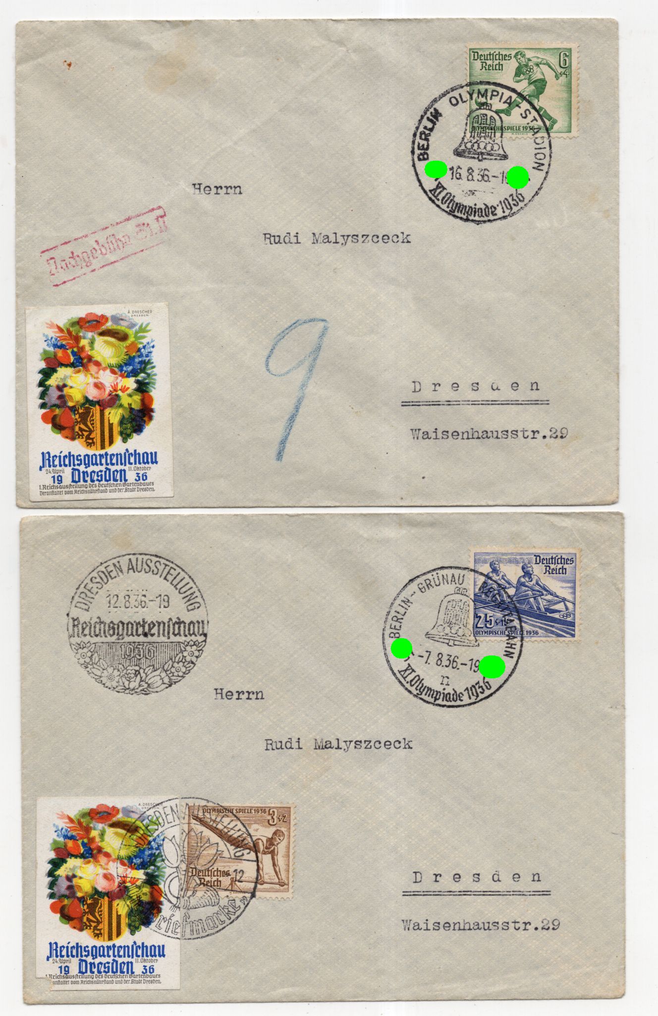 6 x Brief Olympia 1936 Berlin Dresden Reichsgartenschau Vignette 