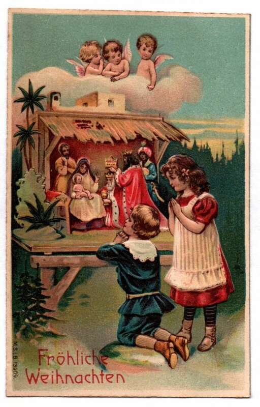 Präge Ak Kinder beten vor Weihnachtskrippe um 1900 