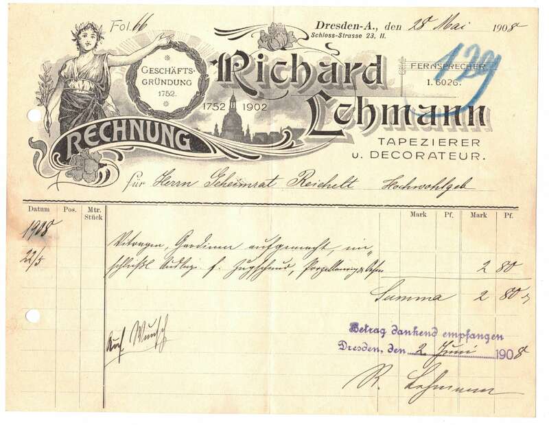 2 x Litho Rechnung Richard Lehmann Tapezierer Dekorateur 1908