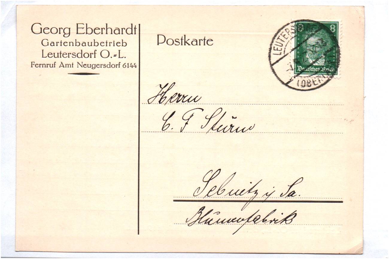 Firmen Postkarte Georg Eberhardt Gartenbau Betrieb Leutersdorf Oberlausitz 1927 Firmen Postkarte Georg Eberhardt Gartenbau Betrieb Leutersdorf Oberlausitz 1927