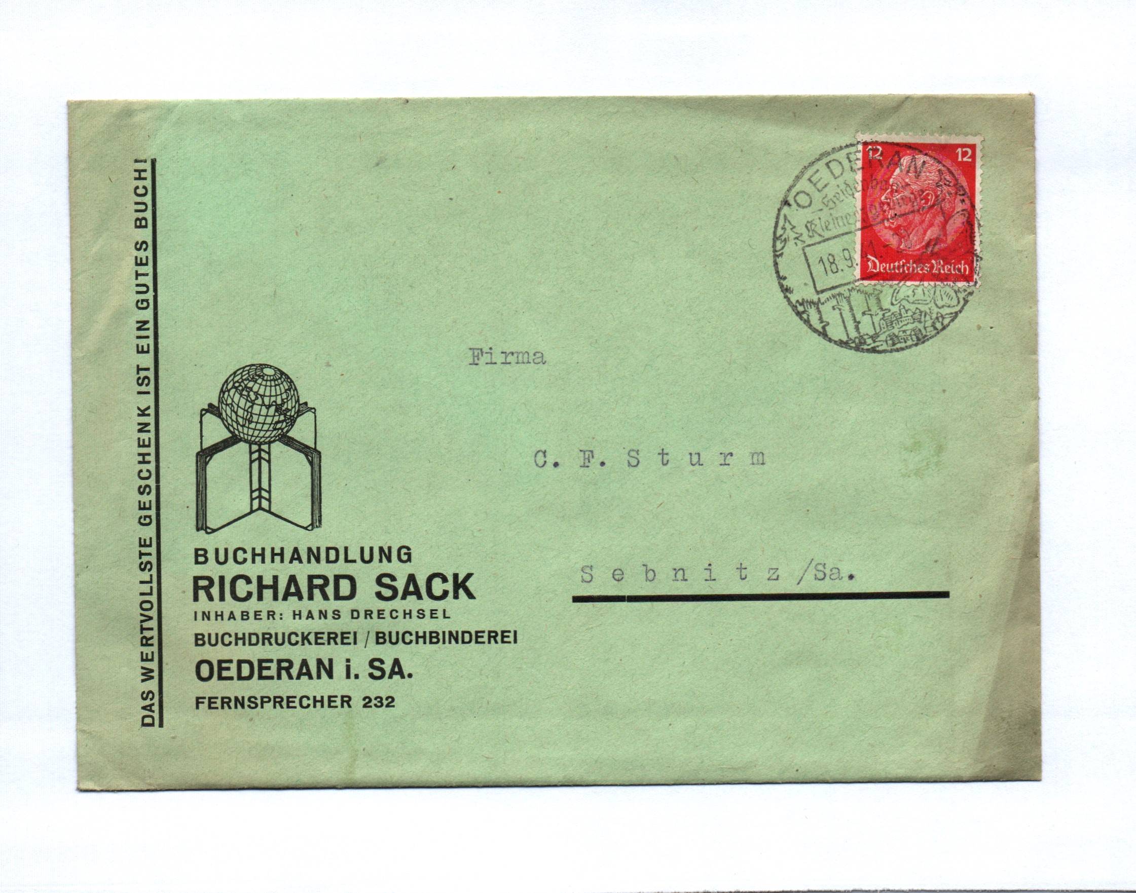 Buchhandlung Richard Sack Oederan in Sachsen 1941 Brief Buchhandlung Richard Sack Oederan in Sachsen 1941 Brief