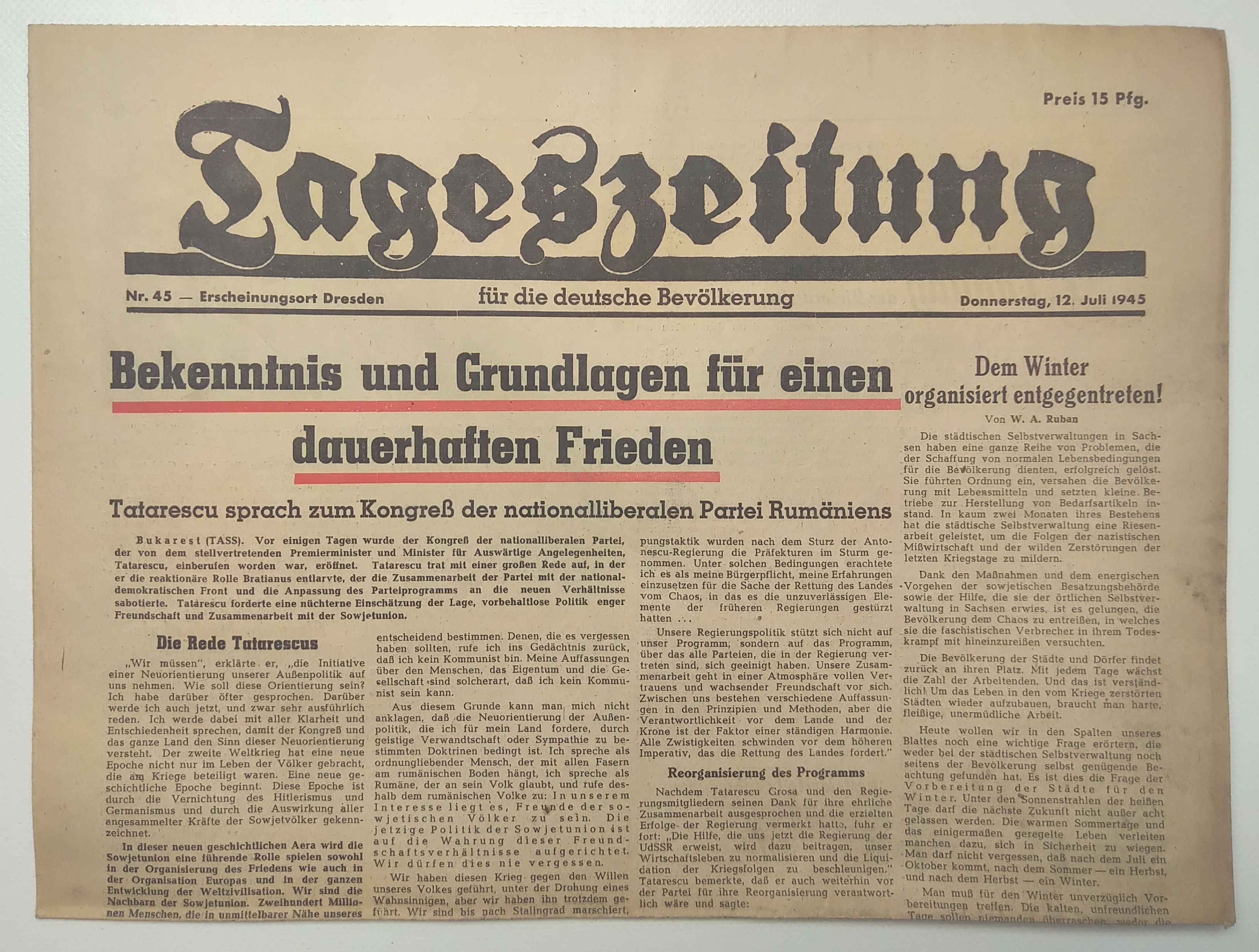 Tageszeitung Grundlagen für dauerhaften Frieden 1945 Nachkriegszeitung Nr 45