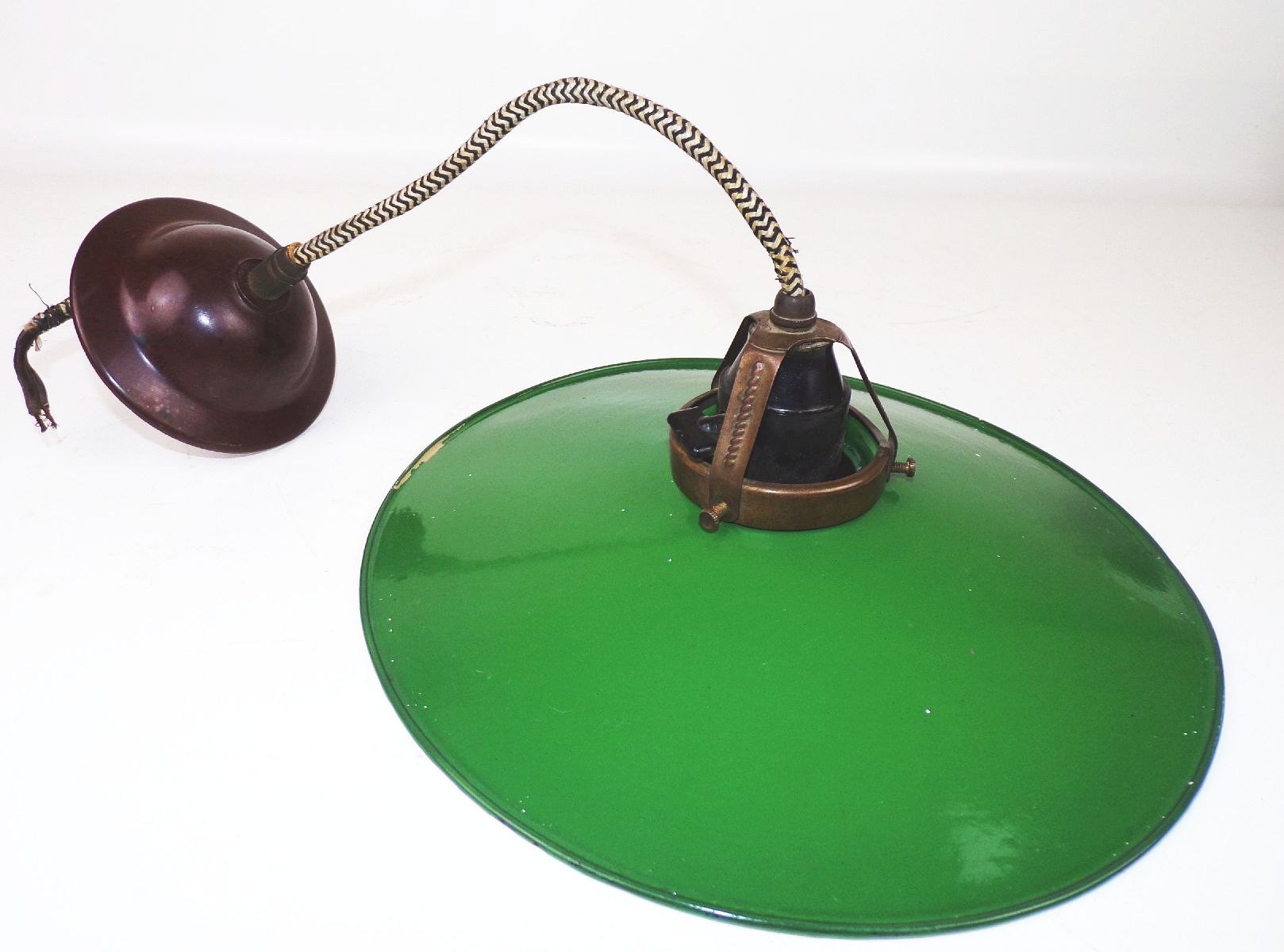 Alte Pendelleuchte Emaille Lampe Grün Weiß E27 Art Deco email Lampe 