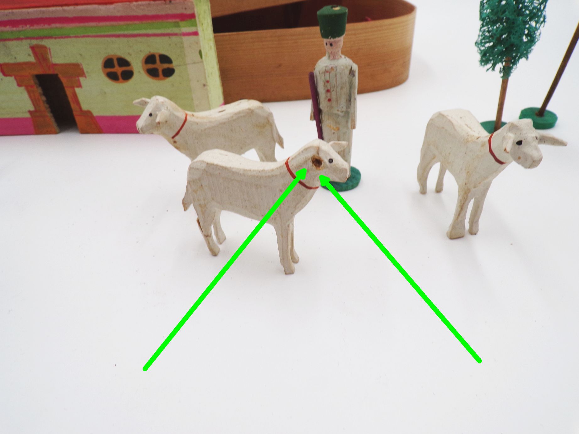 Alte Spanschachtel Erzgebirge Schafe Hirte Haus Bäume um 1900 Schäferei