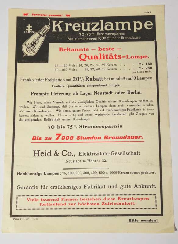 Werbeblatt Kreuzlampe Heid & Co Elektrizitäts Gesellschaft Neustadt Haardt 1932