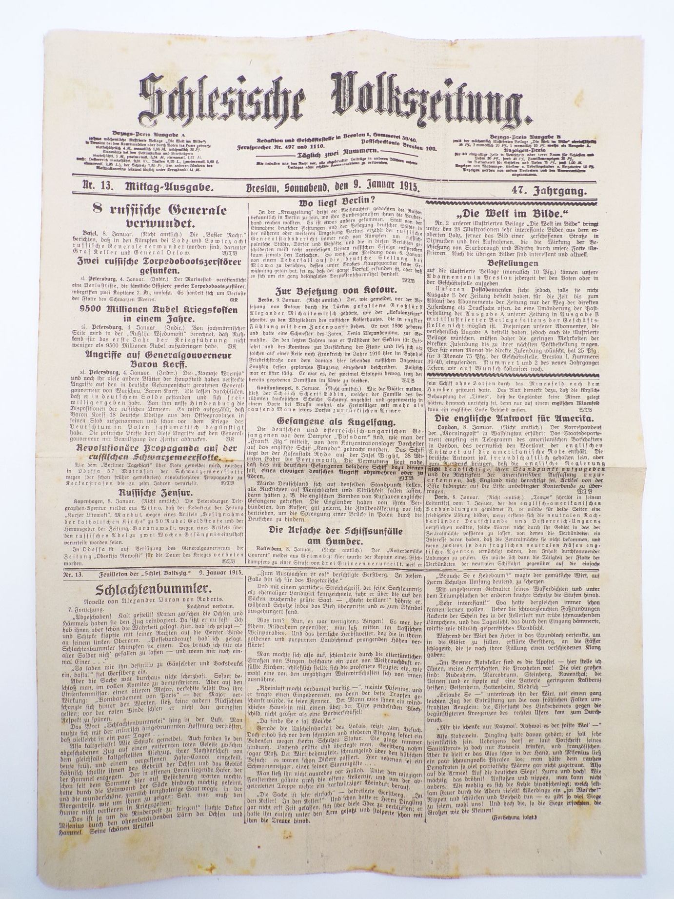 Schlesische Volkszeitung 1915 Nr 13 Schiffsunfälle am Humber Russische Generäle