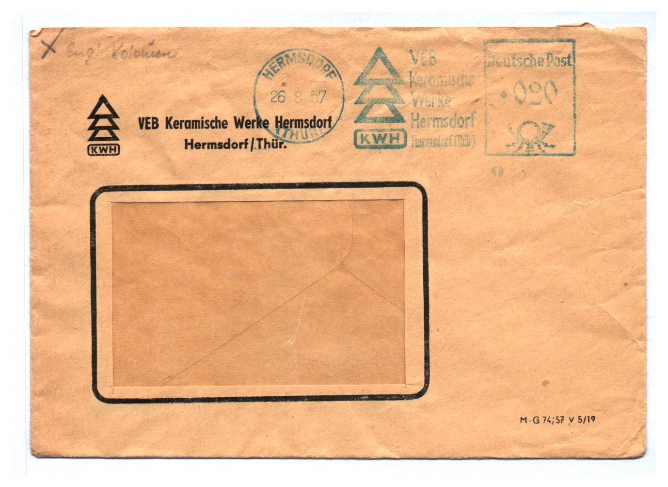 Brief VEB Keramische Werke Hermsdorf Thüringen 1957 DDR Brief VEB Keramische Werke Hermsdorf Thüringen 1957 DDR