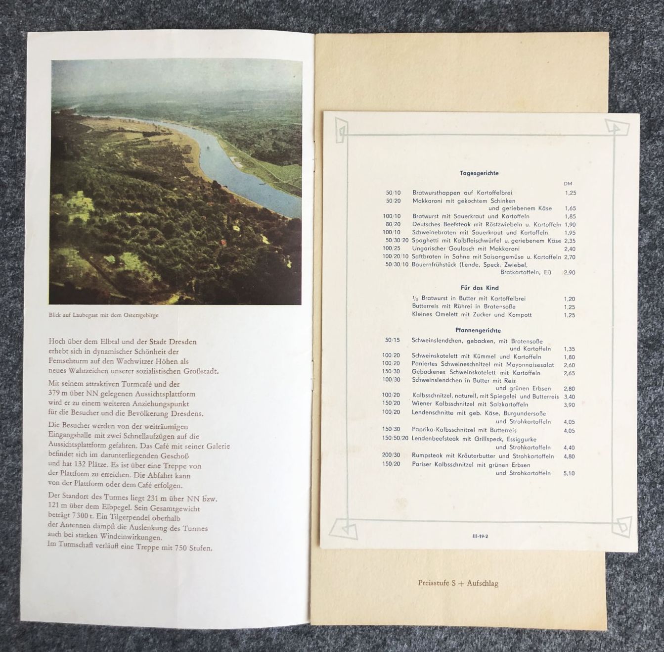 DDR Speisekarten Fernsehturm Dresden Original 1969 Turm Cafe