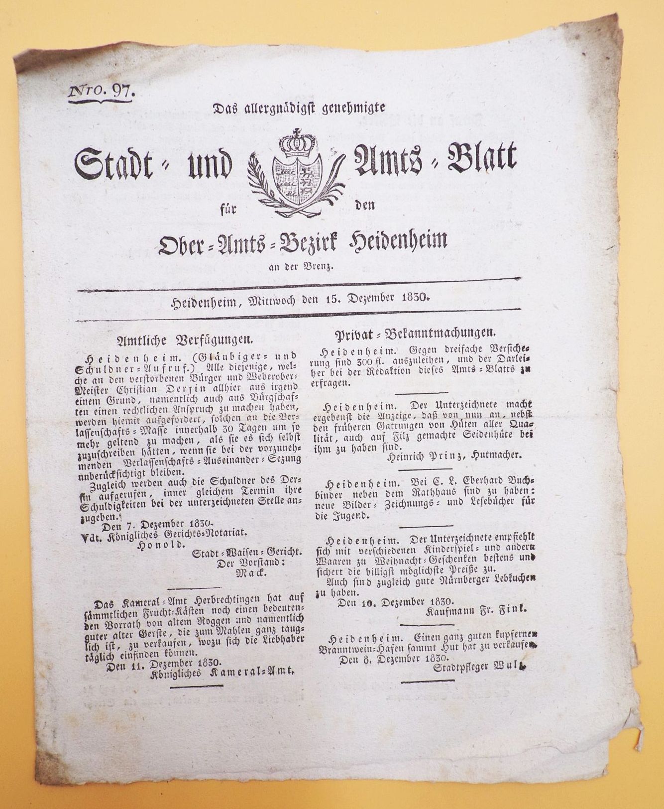 Stadt und Amtsblatt Heidenheim 1830 