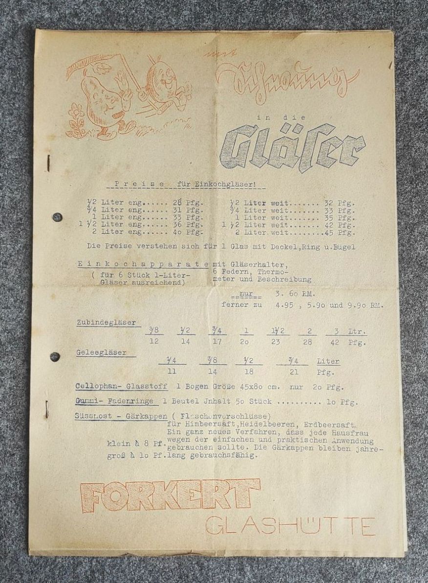 Alte Preisliste Forkert Glashütte Einkochgläser Küchengeräte Alte Preisliste Forkert Glashütte Einkochgläser Küchengeräte