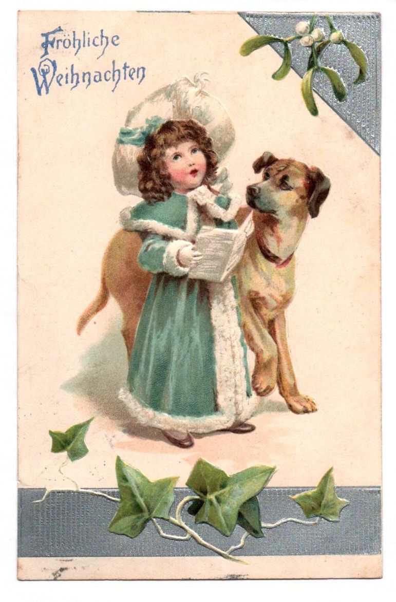 Fröhliche Weihnachten Postkarte Mädchen mit Hund 1907 Weihnachten
