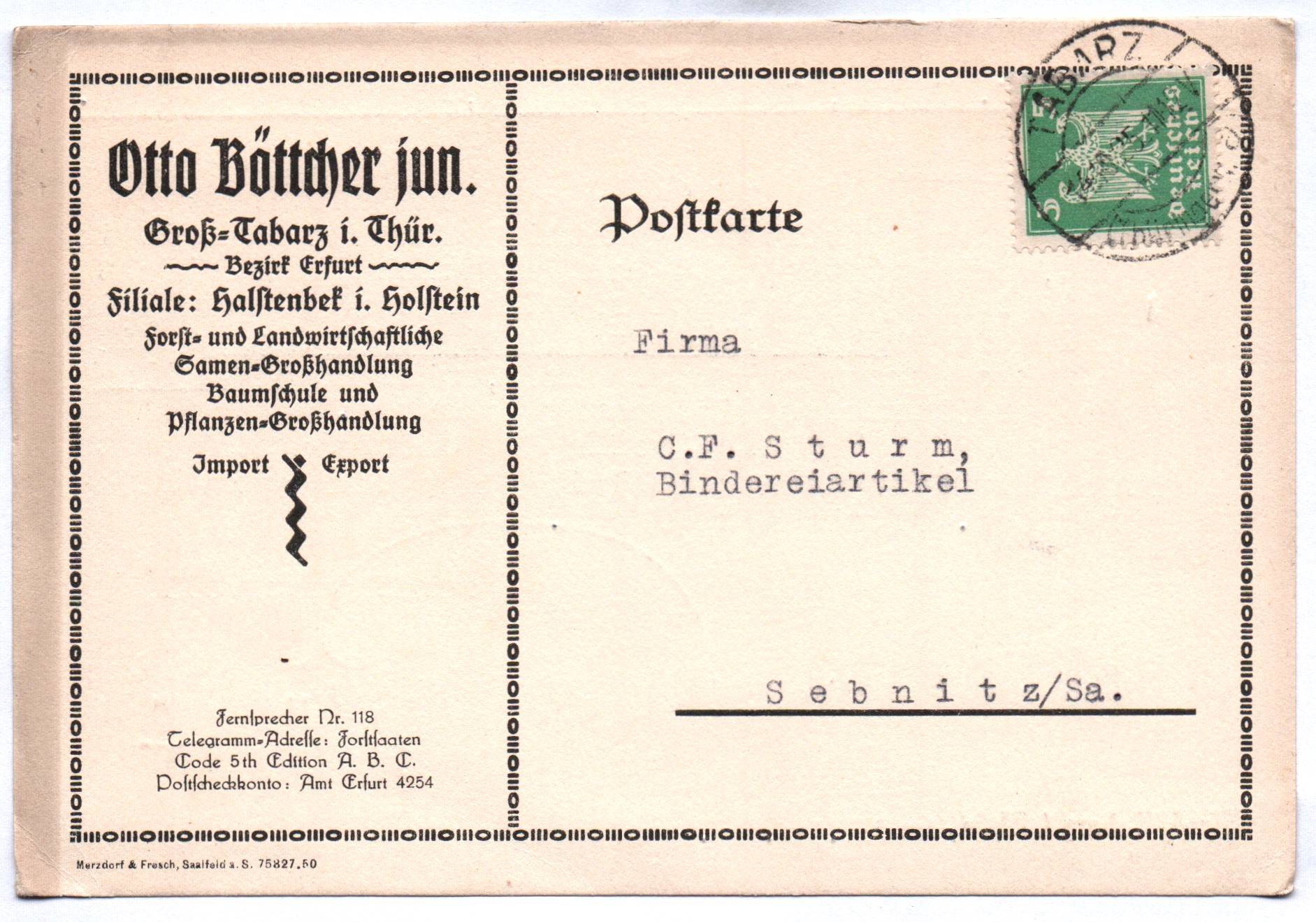 Postkarte Otto Böttcher Groß Tabarz in Thüringen Samengroßhandlung 1925 Postkarte Otto Böttcher Groß Tabarz in Thüringen Samengroßhandlung 1925