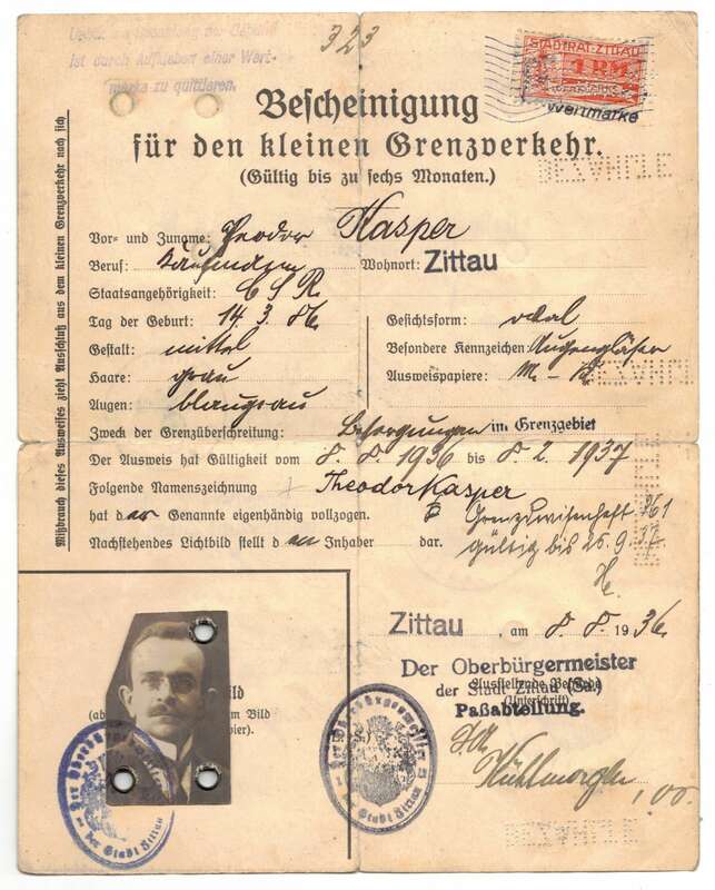 Bescheinigung kleiner Grenzverkehr Zittau 1936 Ausweis Wertmarke