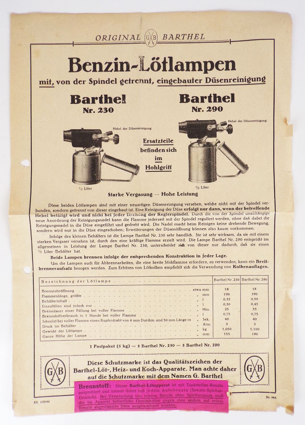 Reklame Blatt Benzin Lötlampen Barthel um 1935 Reklame Blatt Benzin Lötlampen Barthel um 1935