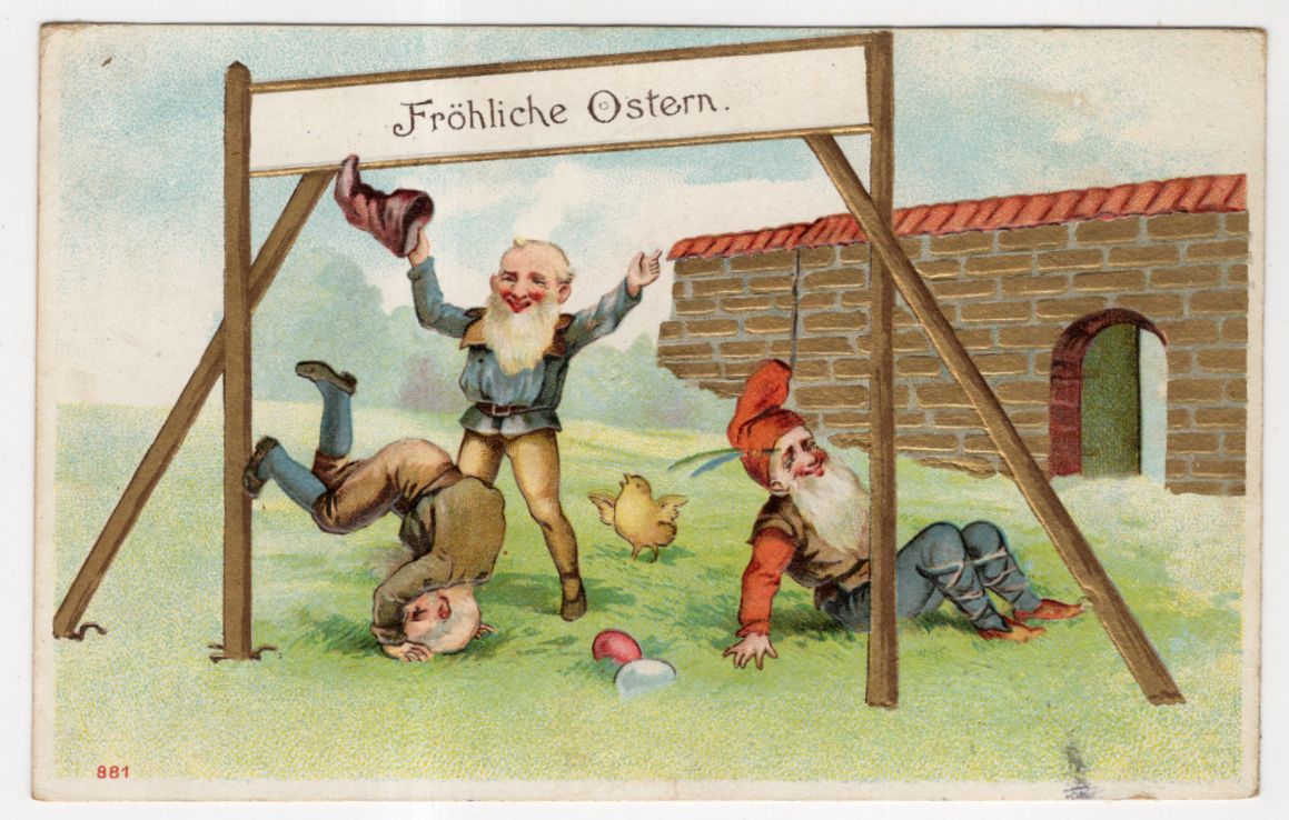 Litho Ak Zwerge machen Purzelbaum Fröhliche Ostern geprägt