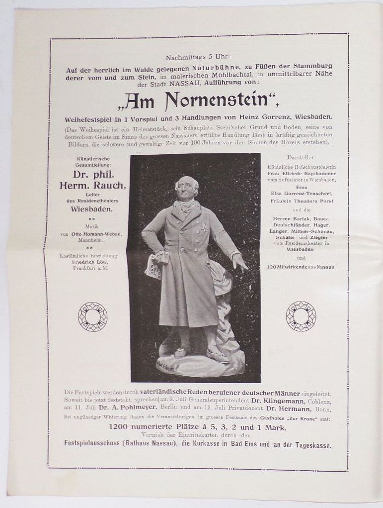 Prospekt Ems Nassauer Stein Festspiele 1913 Reichsfreiherr von und zum Stein Nassau