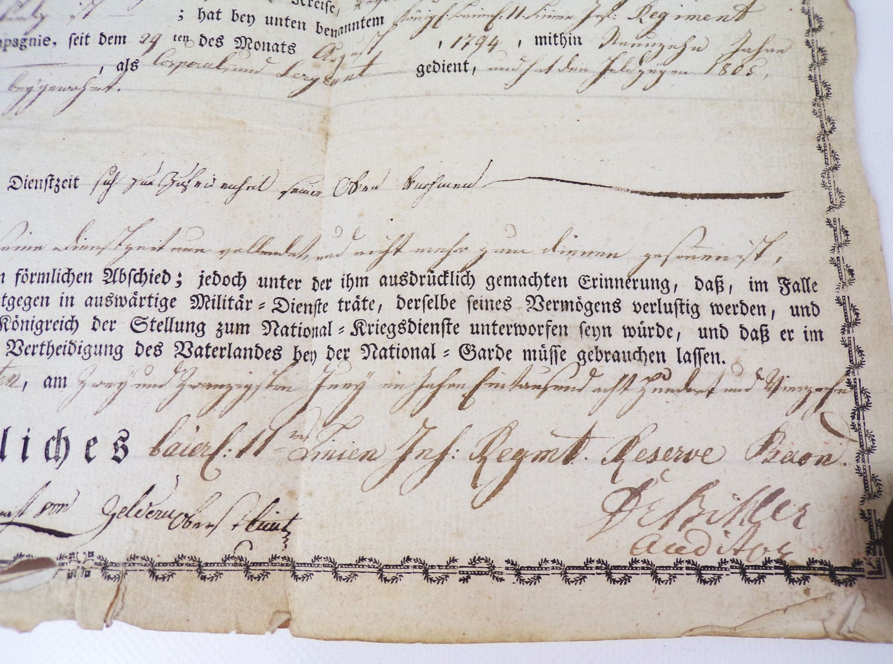 Abschied kgl Bayern Armee 11 Linien Infanterie Regiment Graf von Geldern 1814