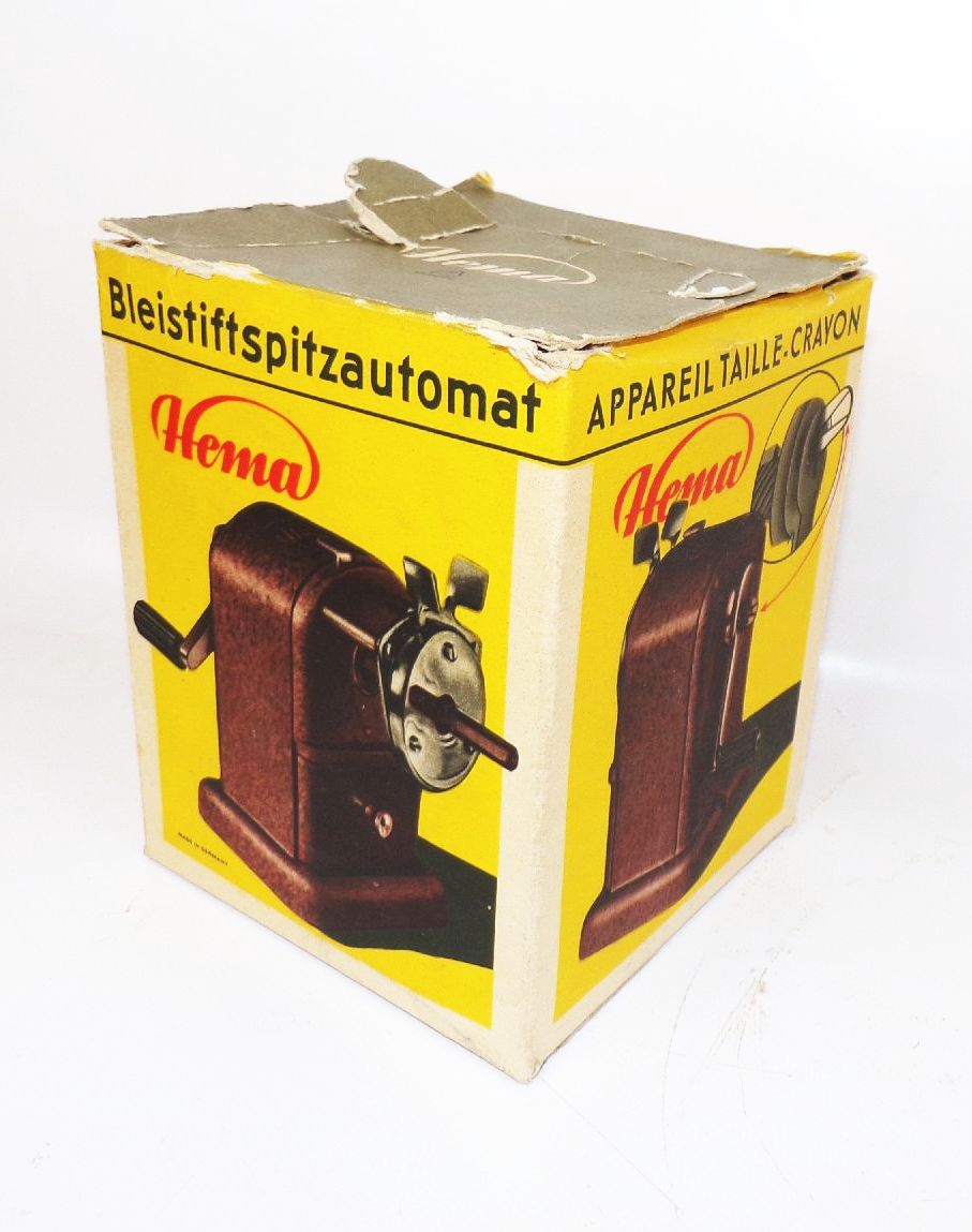 Hema Anspitzmaschine DDR Bleistift Anspitzer mit Originalkarton 1968 Bakelit