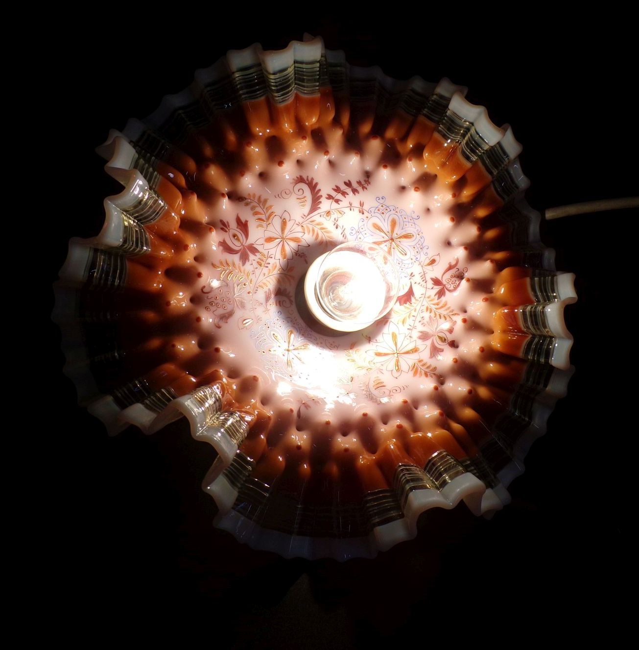 Alte Deckenleuchte Böhmen Glasmalerei um 1900 Rüschenlampe Antik 