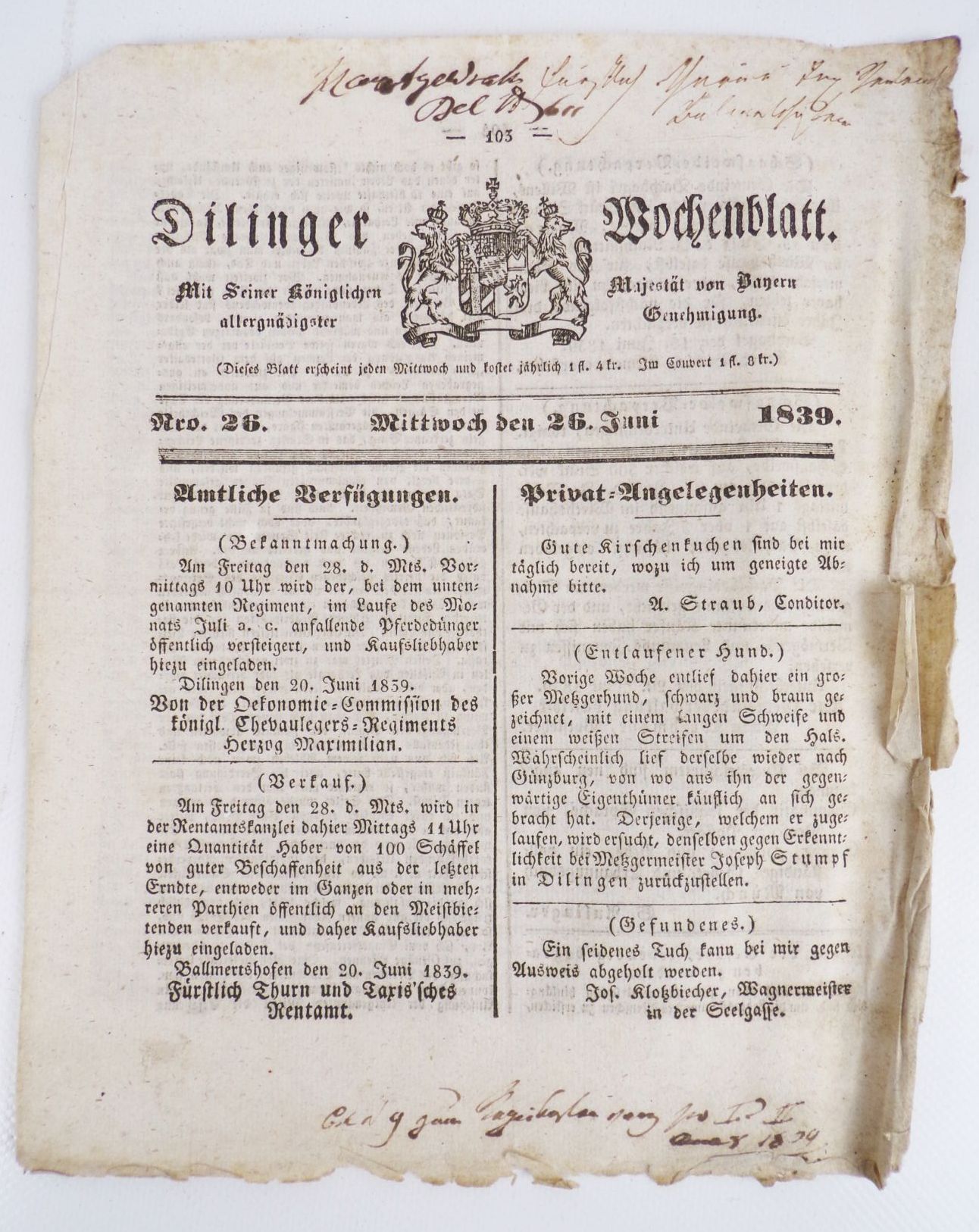 Alte Zeitung Dillinger Wochenblatt 1835 bis 1864 Alte Zeitung Dillinger Wochenblatt 1835 bis 1864