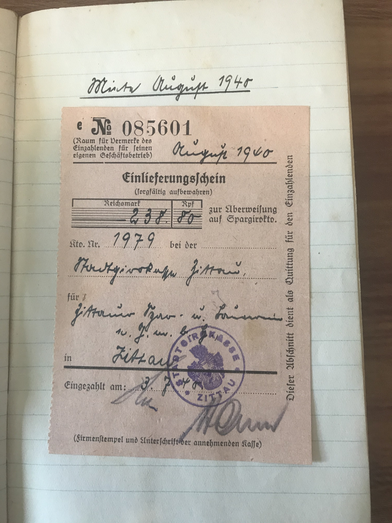Heft Zittauer Spar- u. Bauverein E.G.m.b.H. 1936 – 1940 Einlieferungsscheine Post Brief Buch