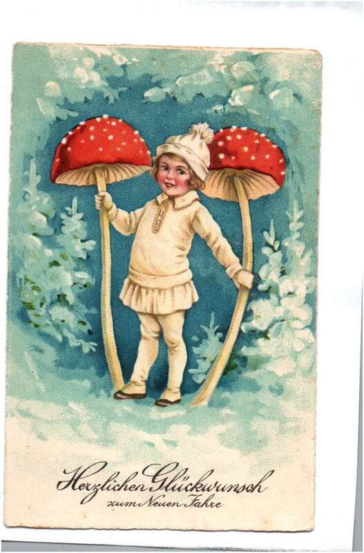 Litho Ak Kind mit großen Fliegenpilzen Neujahrsgruss 1929