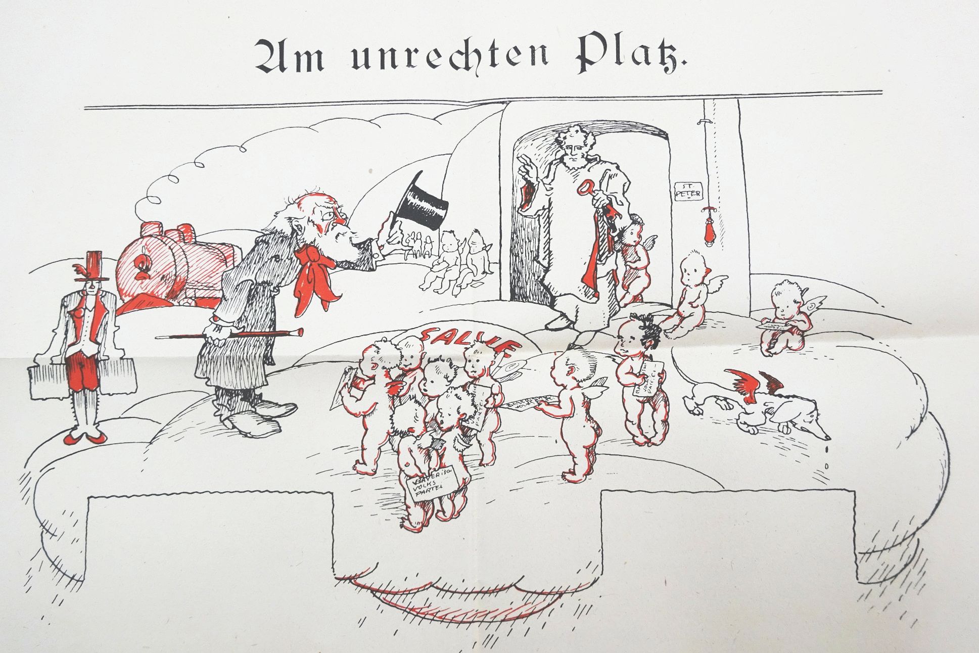 Alter Aushang Satire Kurt Eisner vor Himmelspforte Bayerische Volkspartei 1919 Druck