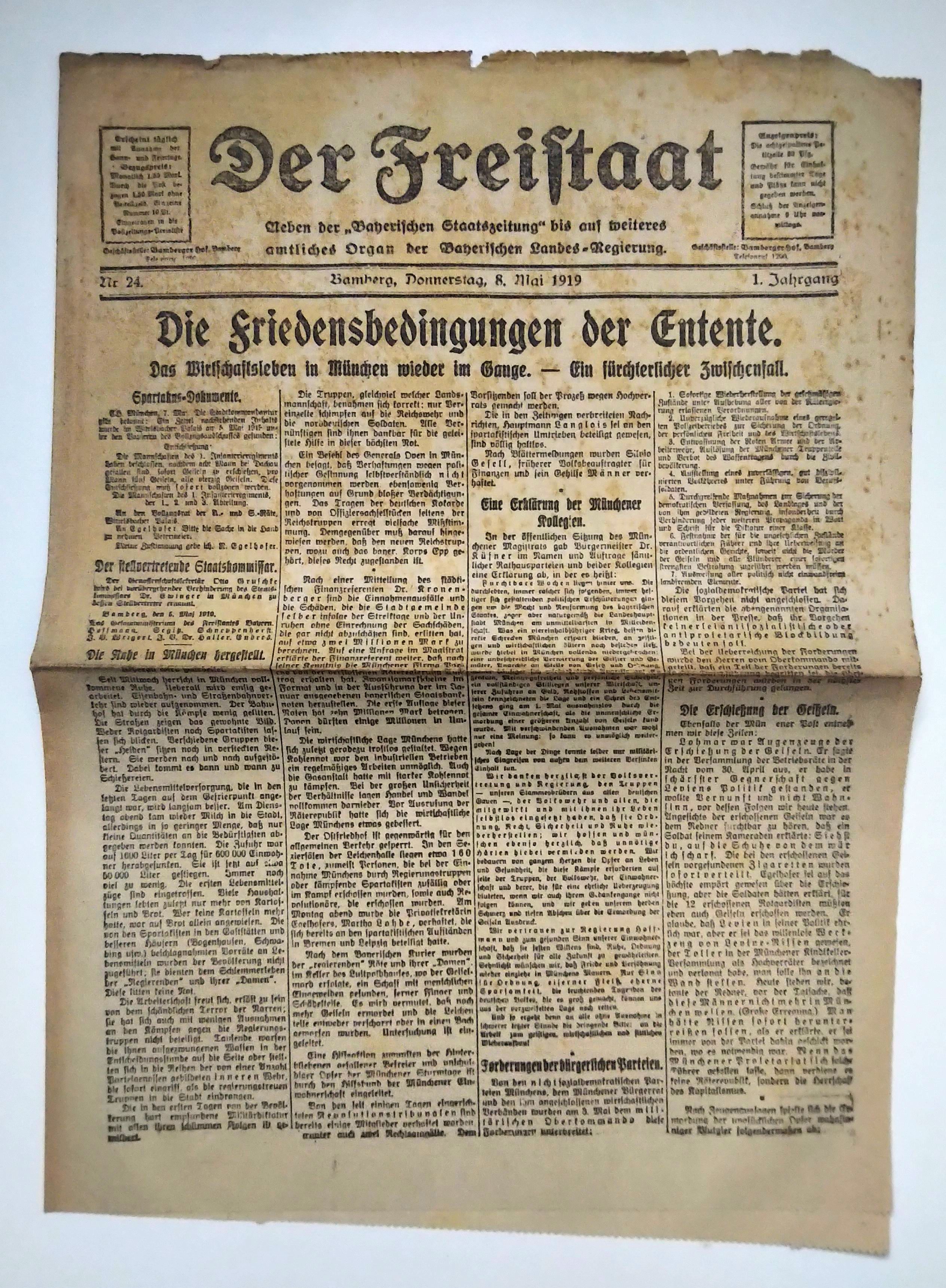 Der Freistaat 1919 Nr 24 München - Ein fürchterlicher Zwischenfall Der Freistaat 1919 Nr 24 München - Ein fürchterlicher Zwischenfall