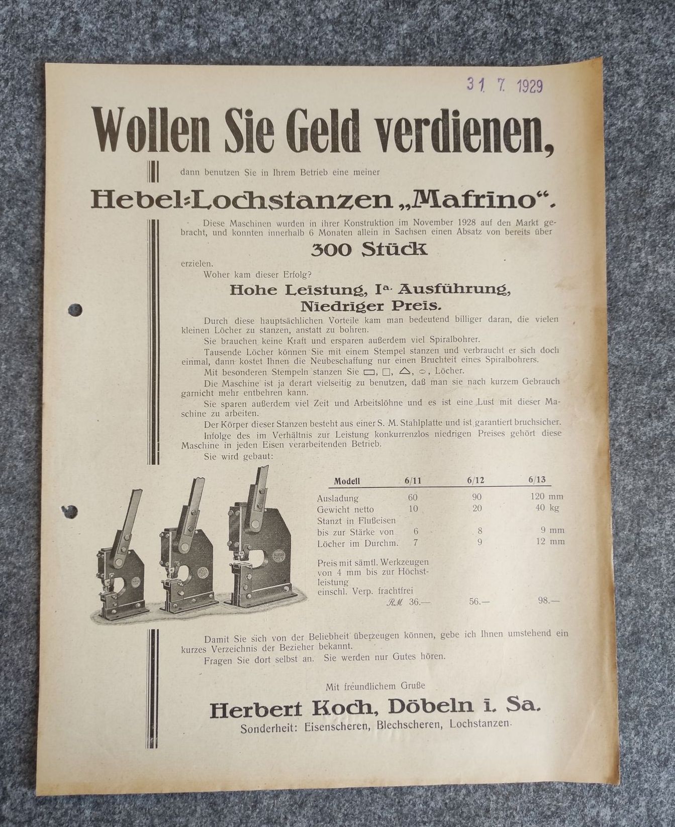 Prospekt Herbert Koch Döbeln 1929 Hebel Lochstanzen Mafrino Prospekt Herbert Koch Döbeln 1929 Hebel Lochstanzen Mafrino