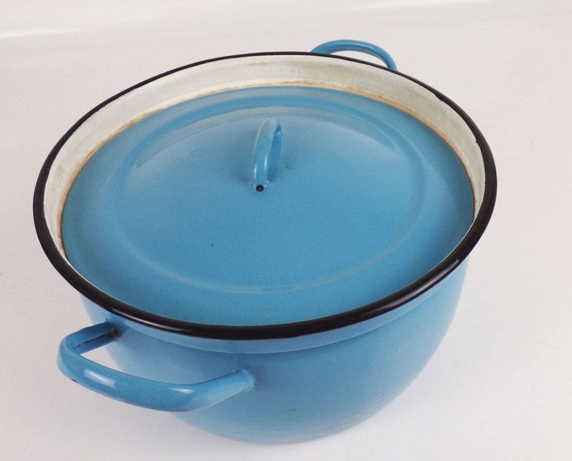 Alter Email Kochtopf blau weiß Deckel Topf Gartendeko Pflanzgefäß Shabby