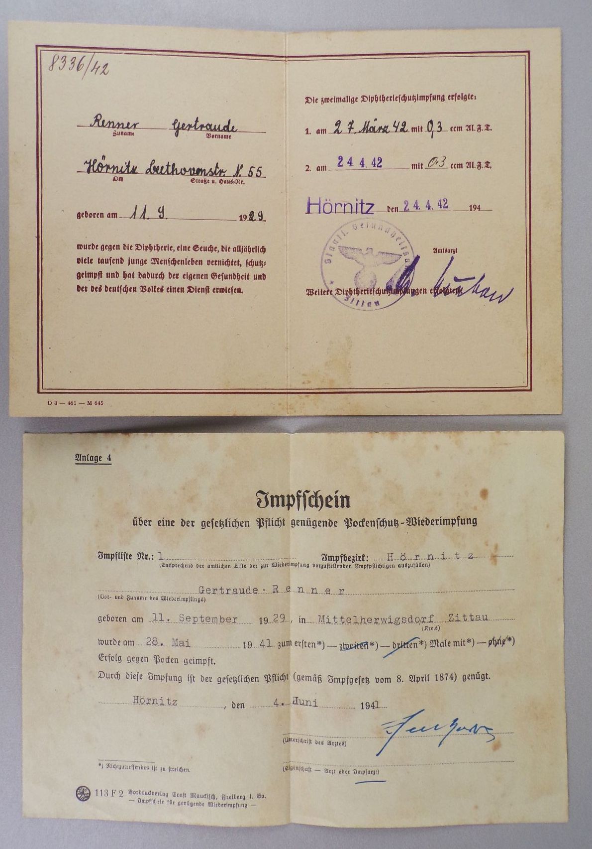 Bescheinigung über erfolgte Diphtherie Schutzimpfung 1929 Impfschein 1941 Bescheinigung über erfolgte Diphtherie Schutzimpfung 1929 Impfschein 1941