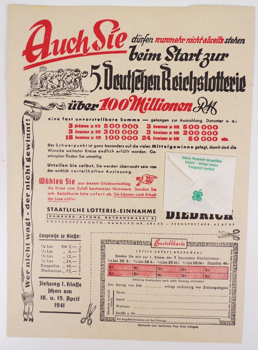 Reklame Blatt Deutsche Reichslotterie 1941 Lose Lotterie 