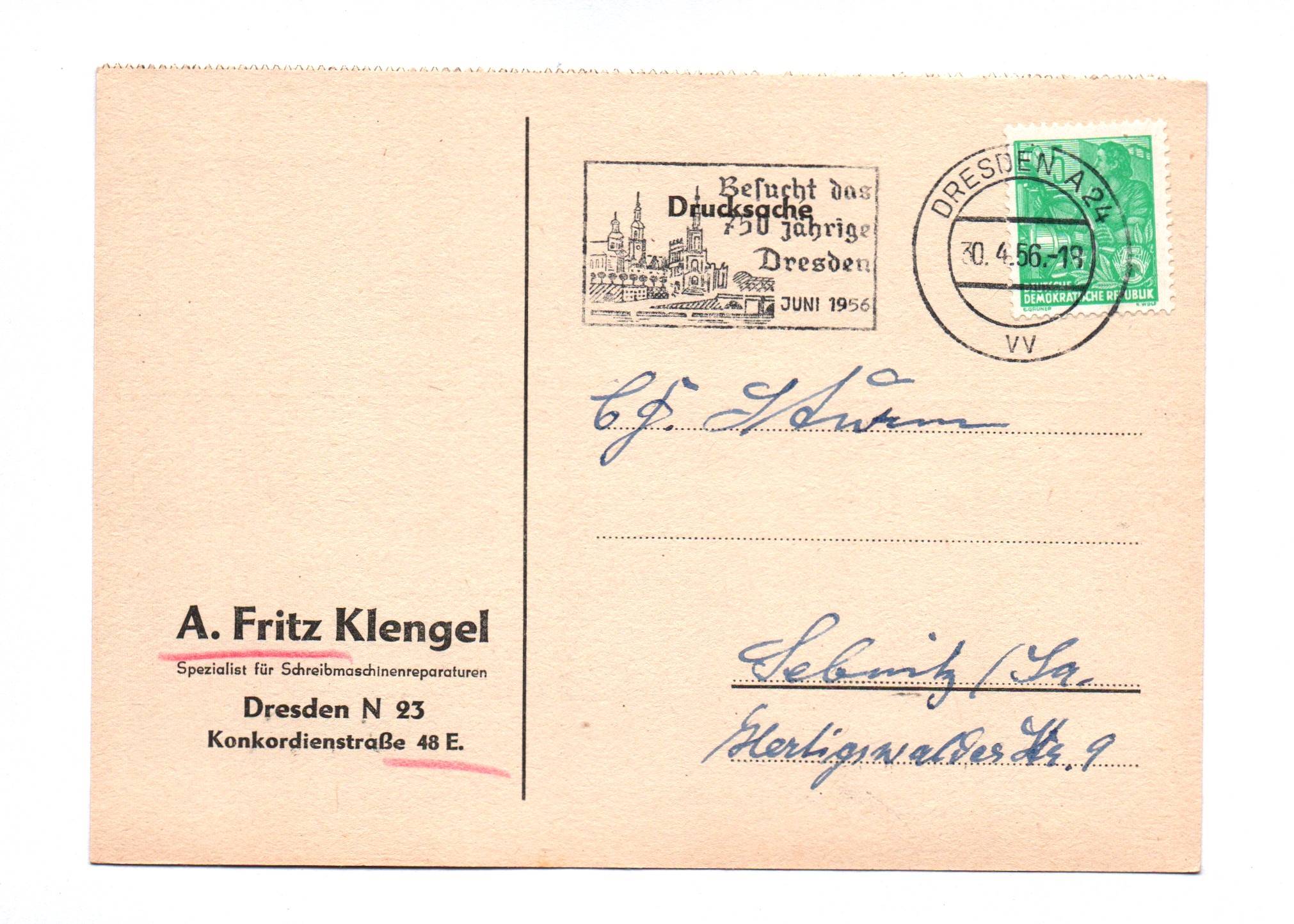 Drucksache Spezialist Schreibmaschinen Reparatur Dresden 1956 Drucksache Spezialist Schreibmaschinen Reparatur Dresden 1956