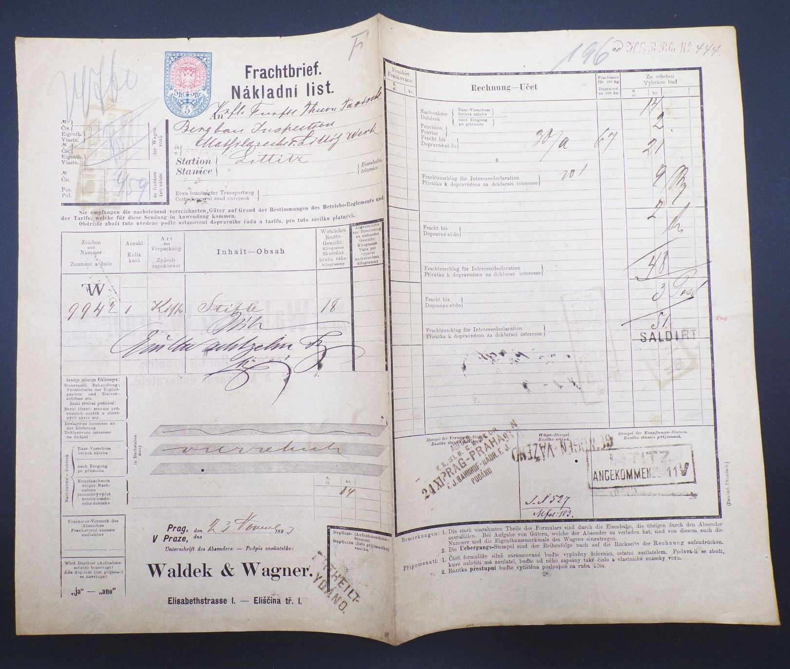 Kuk Frachtbrief Mathildezeche Littitz Bergbau Böhmen Pilsen Prag 1897