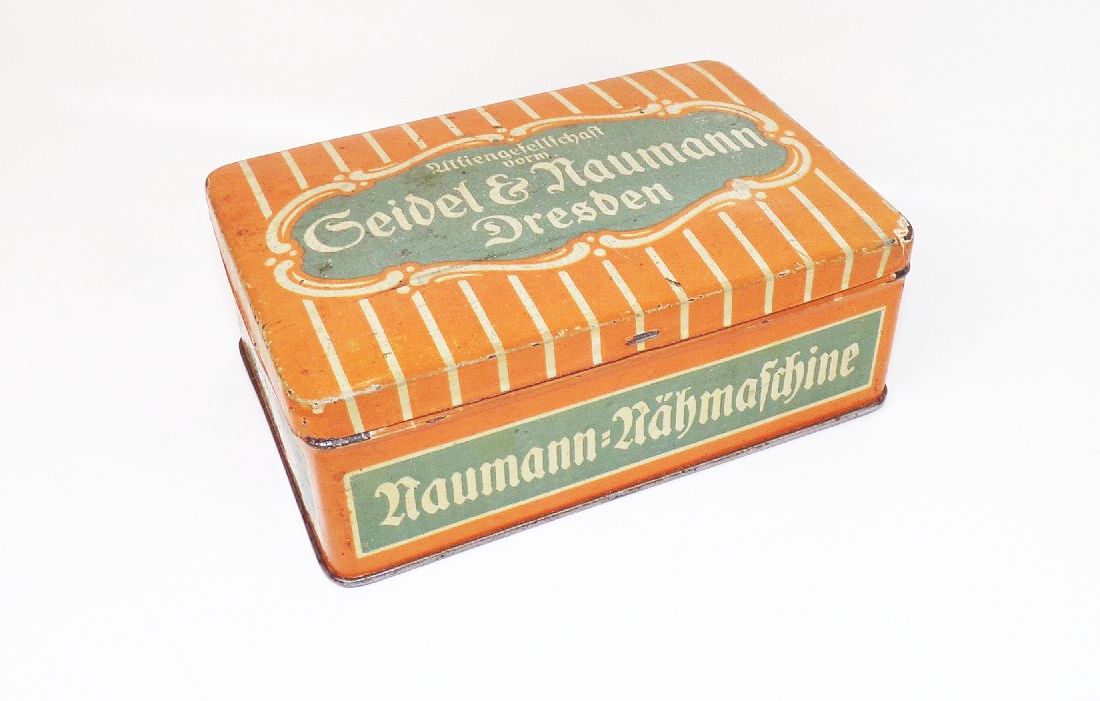 Alte Blechdose Seidel und Naumann Dresden mit Nähmaschinen Ersatzteile 