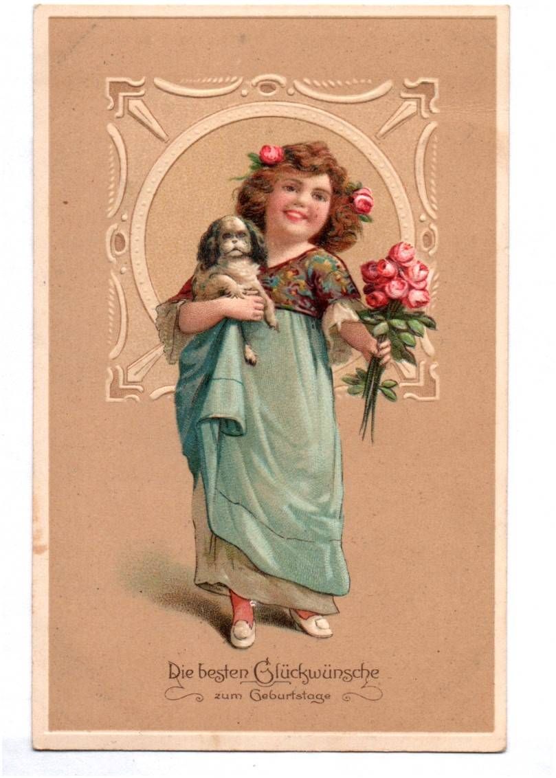 Jugendstil Ak Mädchen mit Hund und Rosen geprägt um 1910