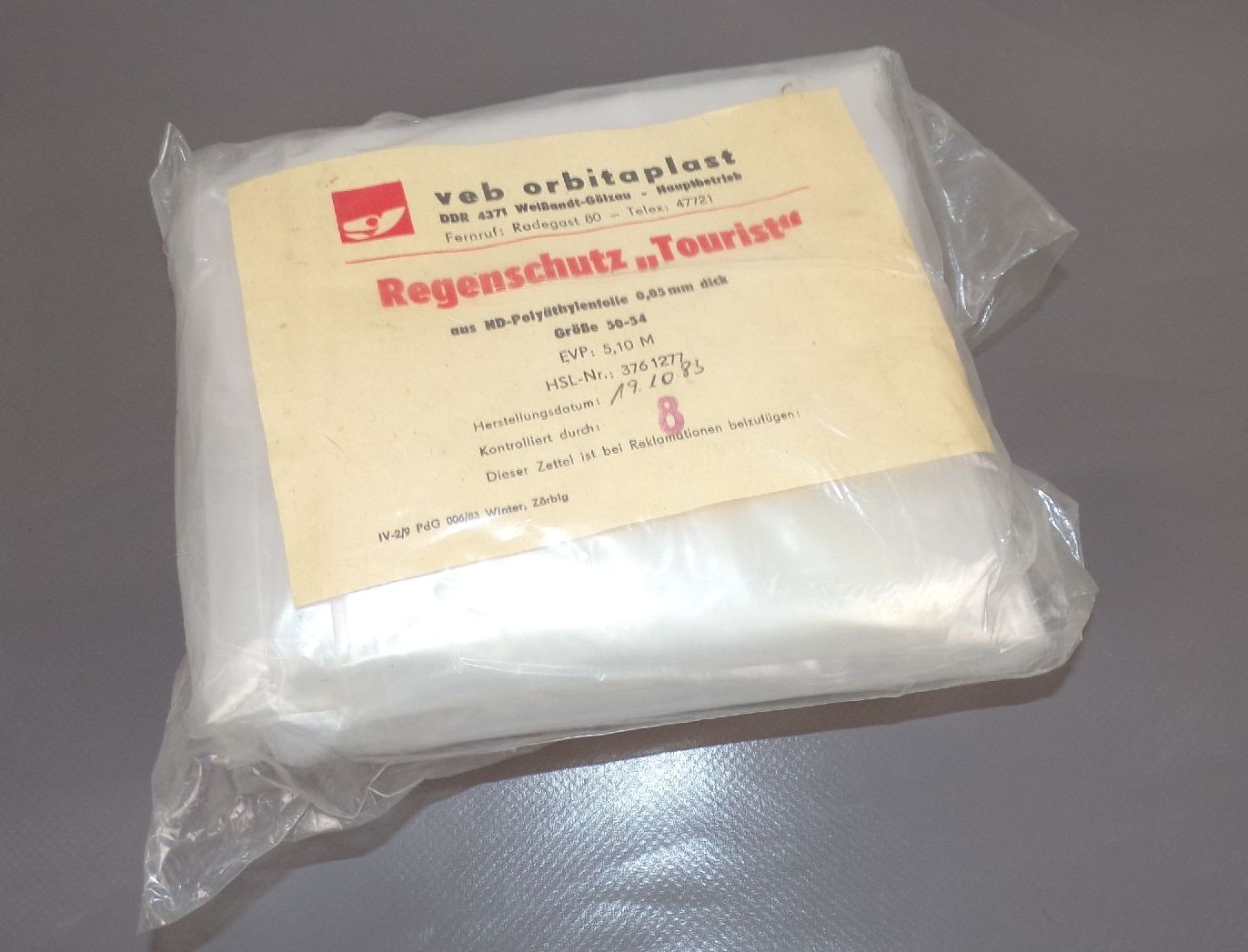 DDR Regenschutz Tourist HD Polyäthylenfolie Unbenutzt NOS VEB 1983 Orbitaplast 