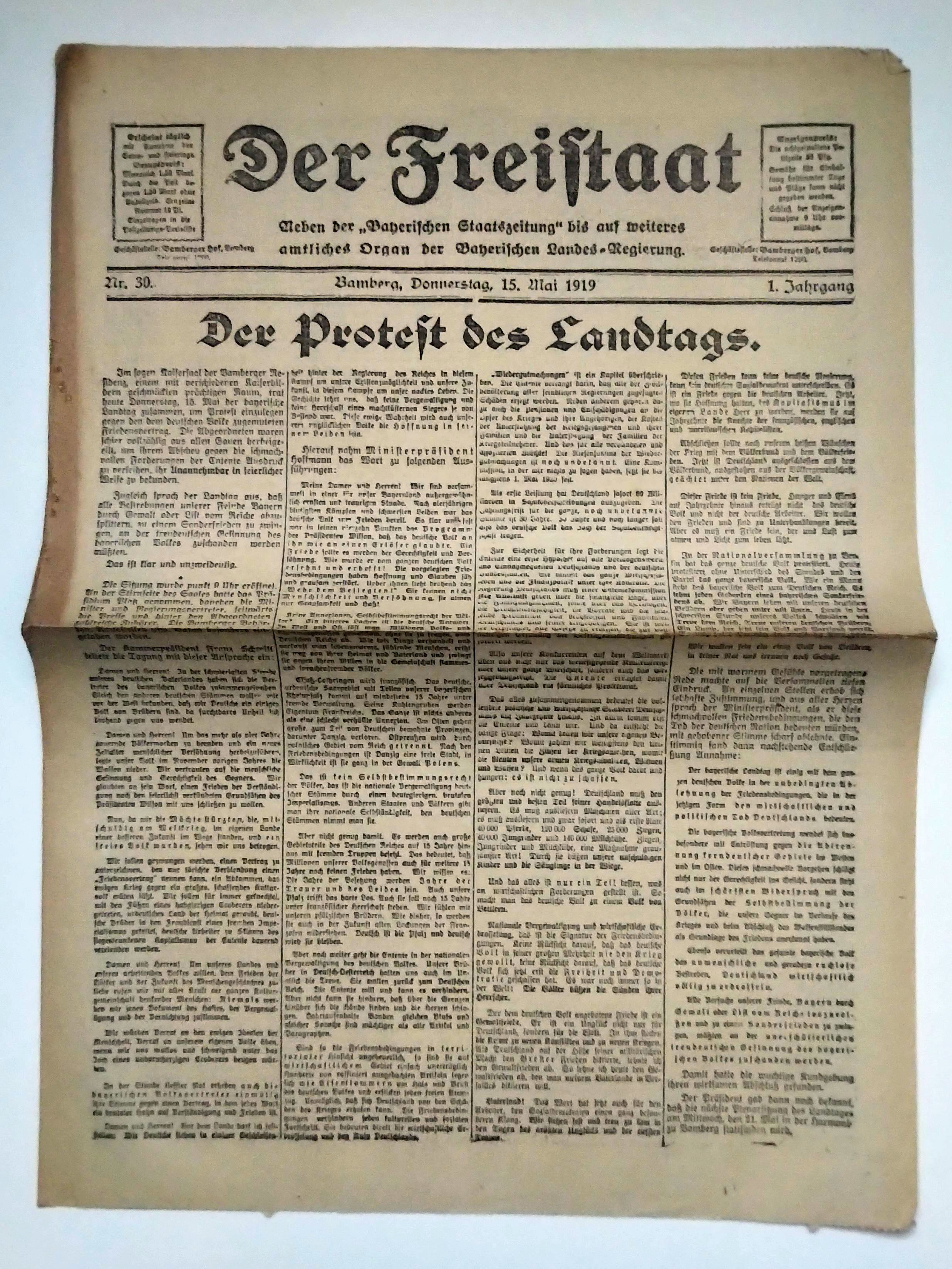 Der Freistaat alte Zeitung 1919 Nr 30 Der Protest des Landtages Der Freistaat alte Zeitung 1919 Nr 30 Der Protest des Landtages